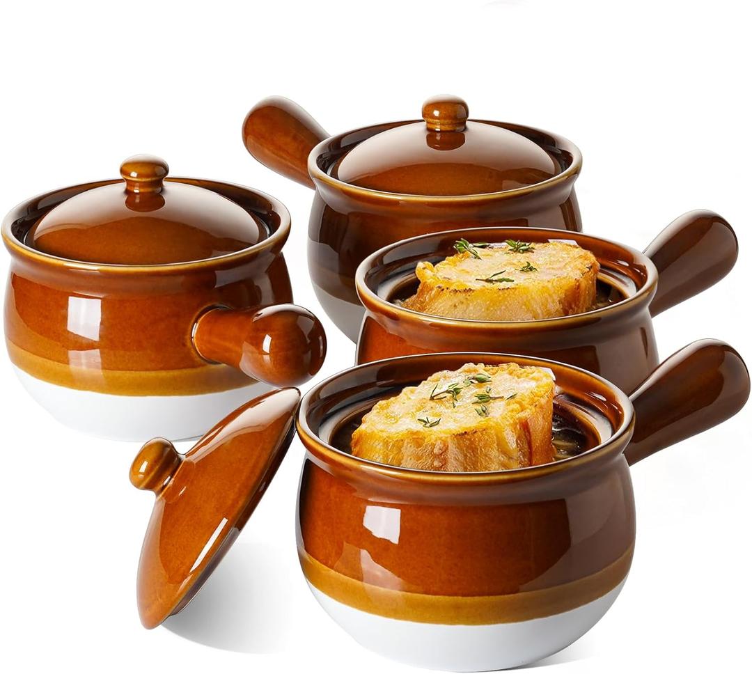 LE TAUCI French Onion Soup Bowls, 22 Ounce Ceramic Soup Bowls with Handles, Soup Crocks with Lids for Soup, Cereal, Chilli, Beef Stew, Oven Safe Stackable Serving Bowls Set, Set of 4