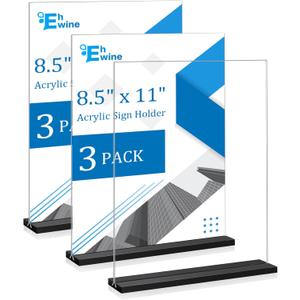 EHWINE 3 Pack Acrylic Sign Holder 8.5 x 11 Horizontal, Double-Sided Stand up Table Top Sign Holders, Clear Acrylic Picture Frame Menu Flyer Paper Holder Display Stand for Office Business Store Wedding Party(Black Base)