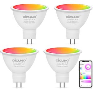 DiCUNO MR16 Smart Bulb Alexa, RGBCW Color Changing GU5.3 Light Bulb Compatible with Google Home, Dimmable with App, AC/DC 12V, 110 Beam Angle 40W 400LM, 2.4GHz WiFi, Landscape Light, 4-Pack