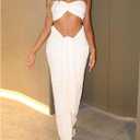 SOLY HUX Women's 2 Piece Outfits Twist Strapless Bandeau Crop Tops and Tie Front Bodycon Maxi Skirt Set (White, M)