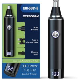 Ear and Nose Hair Trimmer for Men Women with LED Light Digital Display,Painless USB Rechargeable Facial Hair Remover with Powerful Motor and Dual-Edge Blades Easy Cleansing 12000 RPM (Black)