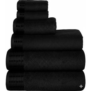 Ultra Soft 6 Pack Cotton Towel Set, Contains 2 Bath Towels 28x55 inch, 2 Hand Towels 16x24 inch & 2 Wash Cloths 12x12 inch, Ideal Everyday use, Compact & Lightweight - Black