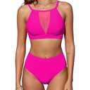 ZAFUL Women's Sheer Mesh Bikini Set Tummy Control Mid Waisted 2 Piece Tankini Bathing Suit Sporty Swim Suits, S