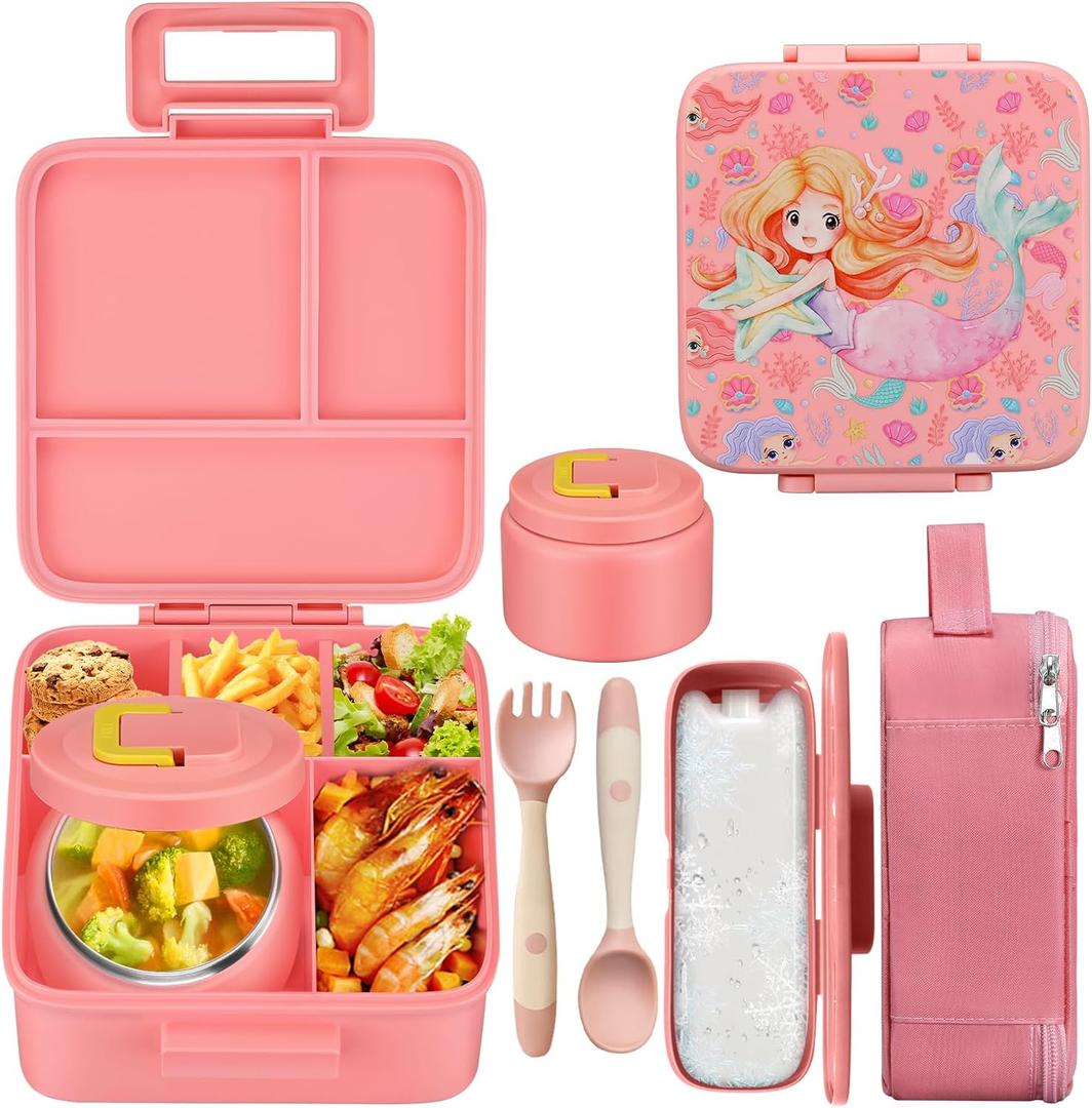 MAISON HUIS Kids Bento Lunch Box Set With 8oz Soup Thermo, Leakproof Lunch Containers with 5 Compartment, Thermo Hot Food Jar and Insulated Lunch Bag, BPA Free,Travel, School -Pink (Mermaid)