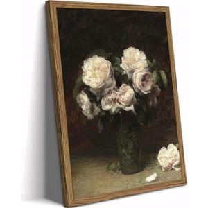 Vintage Floral Wall Art Framed – Moody Dark Rose Canvas Print with Natural Solid Wood Frame, Antique French Country Flower Wall Decor for Bedroom Bathroom Kitchen16x12in