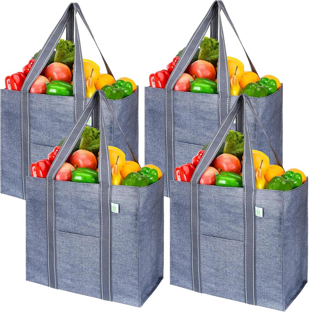 VENO 2 Pack Reusable Grocery Bags, Heavy-Duty Shopping Bags with Handles, Bags for Shopping Cart with Hard Bottom to Stand Upright, Foldable, Multi-Purpose(Gray, 2 Pack)
