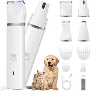 Veeconn Dog Clippers Grooming Kit Hair Clipper-Low Noise Paw Trimmer- Rechargeable - Cordless Quiet Nail Grinder Shaver for Cats and Other Pets (White)