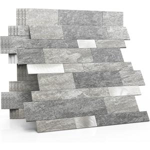 MOFIT Backsplash Tile for Kitchen Peel and Stick Stone Matte Finish,Bathroom Tiles Stickers 3D Wall Panel Linear Mosaic Marble Backsplash Waterproof (5sheets,Gray Silver)