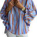 Maketina Women's Casual V Neck Striped Puff Sleeve Blouses Cotton Cute Loose Fit Flowy Button Down Shirts Sky Blue S