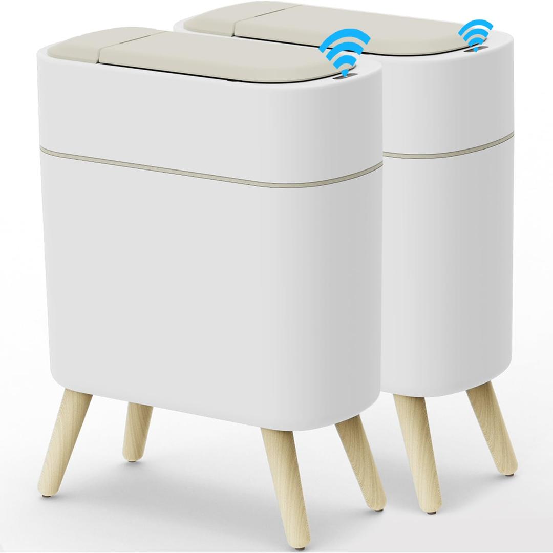 Yatmung 2 Pack - Motion Sensor Trash Can with Lid Slim Smart Garbage Can - Waste Basket for Bedroom, Office, Kitchen, Living Room - Automatic Trash Can Bathroom Touchless - White with Wooden Legs