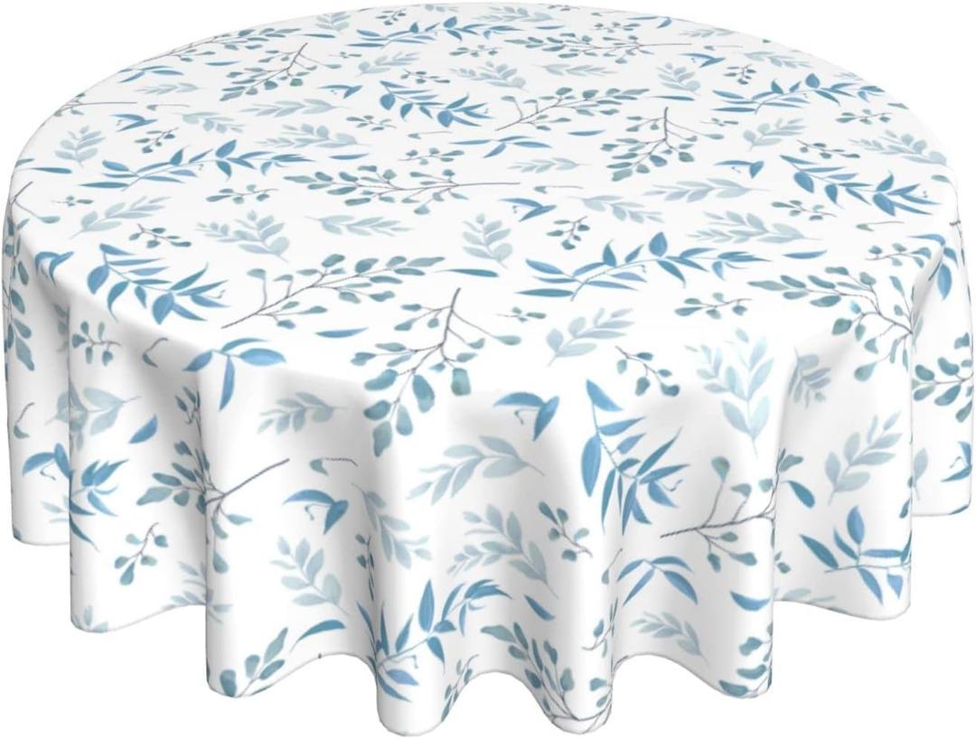 Watercolor Blue White Grey Leaves Round Tablecloth 60 Inch Teal Gray Woodland Leaf Table Clothes Spring Summer Waterproof Reusable Circle Table Cover for Picnic Party Dining Room Home Decor