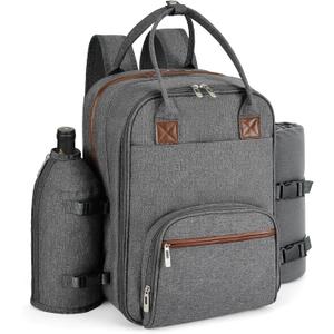 ALLCAMP Picnic Backpack - Insulated Cooler Bag with Compartment, Detachable Wine Glass Holder, Throw Blanket & Cutlery Set, 2 Person Picnic Set for Family Outings, Couple Gifts (Gray)