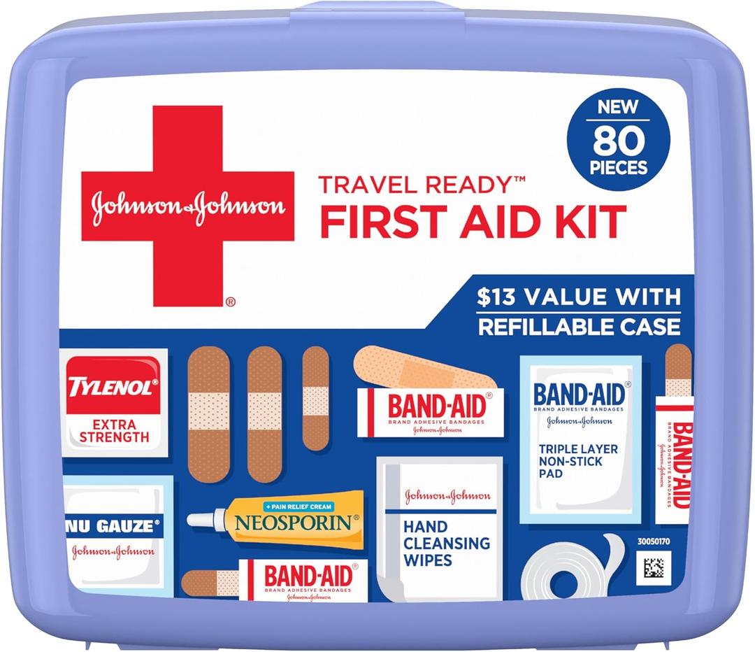 BAND-AID Brand Travel Ready Portable Emergency First Aid Kit for Minor Wound Care, Perfect for Home, Car, Travel, Camping Essentials & Outdoor Emergency Kit, 80 Pieces, EXP: 2026-03-31