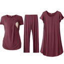 SUNNYBUY Women 3 PCS Maternity Nursing Nightgown Dress & Short Sleeve Breastfeeding Top & Pregnancy Pants Sleepwear Set 2XL, Burgundy 