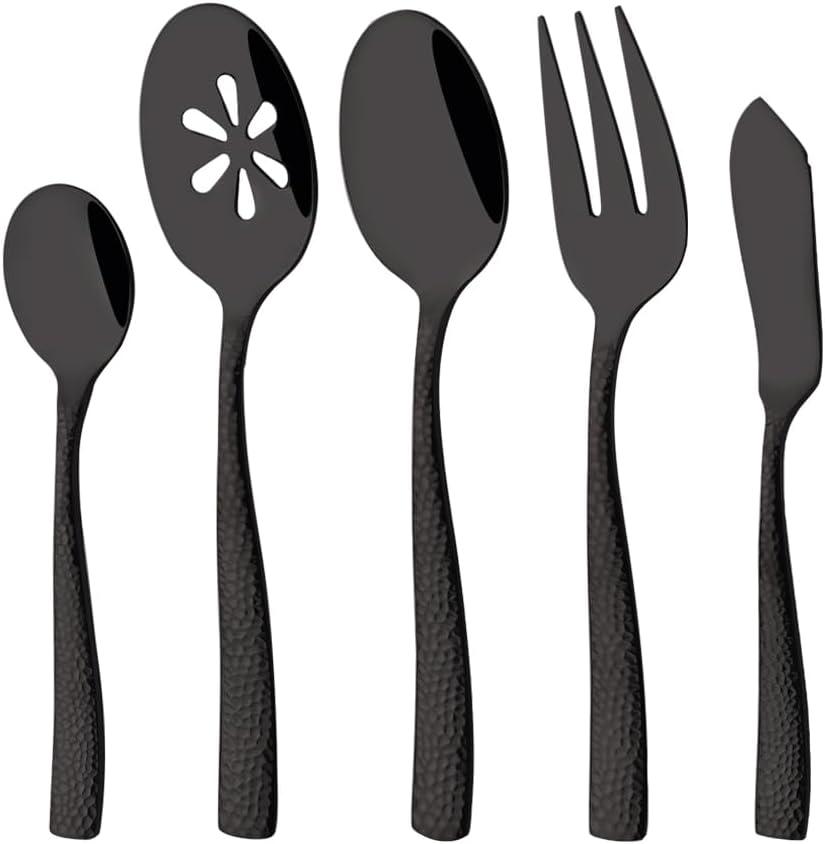 Serving Utensils Set, 5-Piece 18/8 Stainless Steel Hostess Serving Set, Elegant Hammered Serving Utensils for Home Restaurant and Buffet Catering, Heavy and Mirror Polished, Black