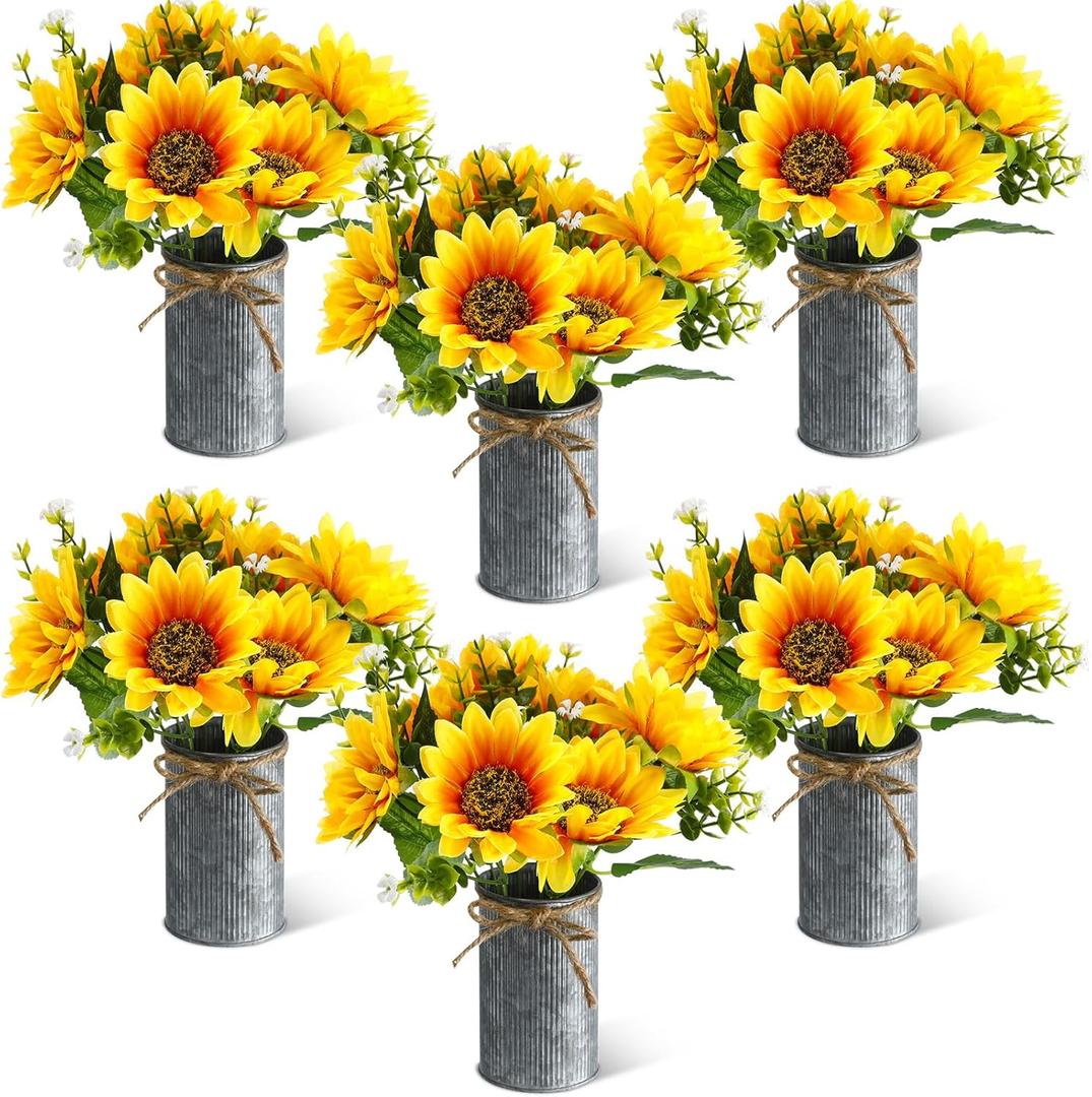 6 Sets Sunflowers Centerpieces for Tables Artificial Sunflower with Vase Rustic Faux Flower for Home Summer Spring Kitchen Decor (Vintage Color)