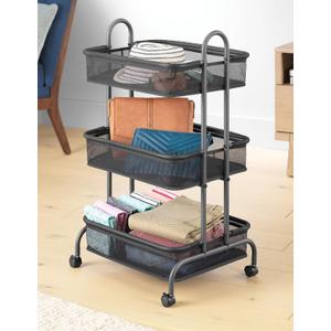 Whitmor Storage Cart Metal 3 Tier Rolling Cart with Wheels, Utility Cart for Bathroom, Bedroom, Bitchen, Laundry Room, Black