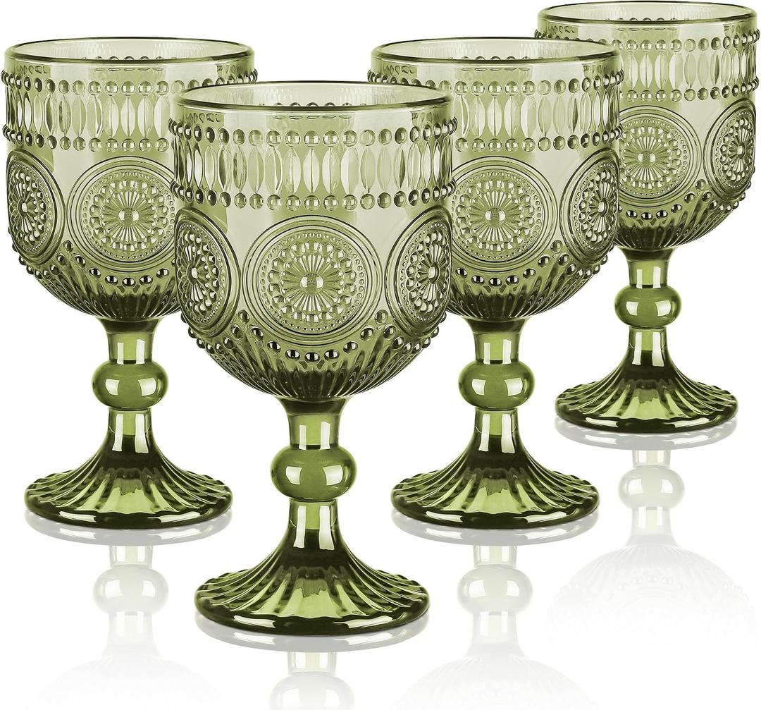 Joeyan Vintage Wine Glasses,12 oz Embossed Sunflower Green Goblet,Set of 4