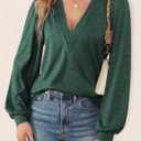 Agnes Urban Womens V Neck Long Sleeve Tops Dressy Casual Fall Shirts Puff Sleeve Loose Tunic Trendy Tops Blouses (Green, XL)