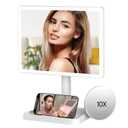 FUNTOUCH Large Makeup Vanity Mirror with Lights, 4500mAh Rechargeable Lighted Desk Makeup Mirror with 96 LED Lights and 10x Magnifying Mirror, 3 Color Lighting with Phone Holder,White