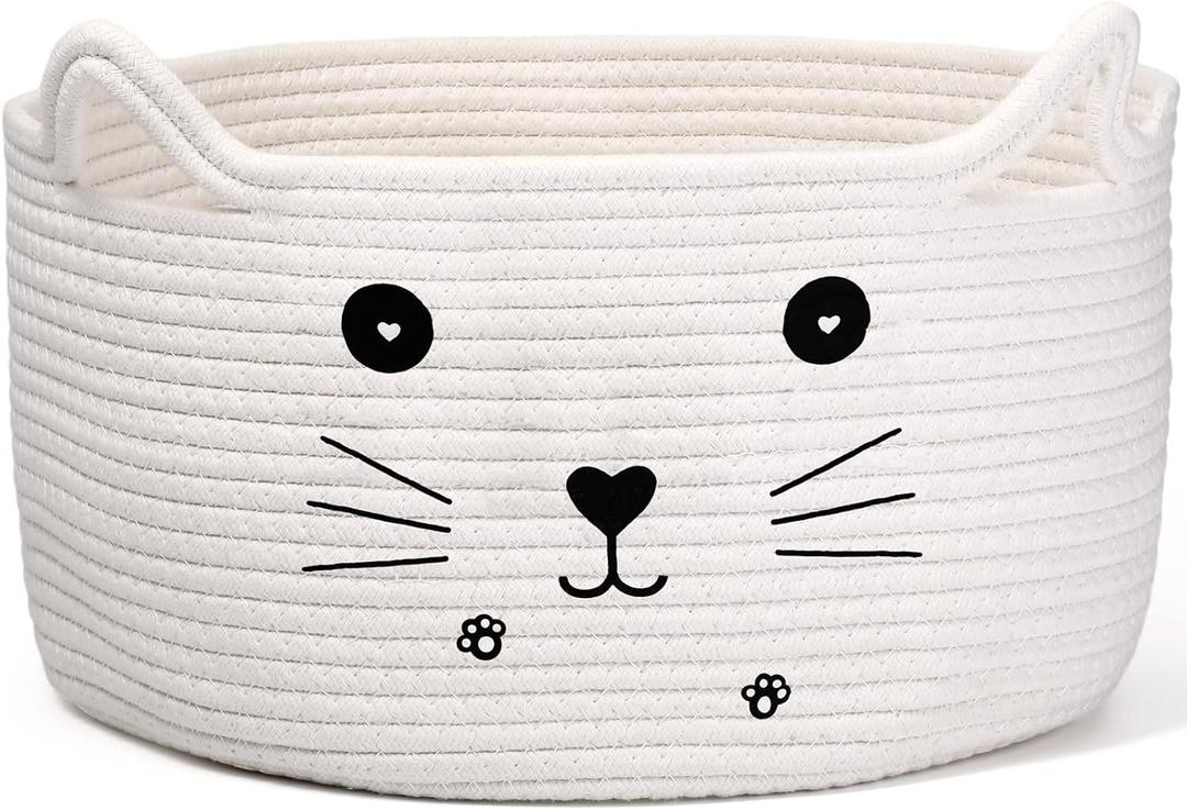 Zopeal Cat Basket Storage Woven Organizer with Ears Decorative Pet Toy Cute Cotton Rope Basket for Gift Cat Dog Toy Bin Nursery Room Kid (White, 13.7 x 7.8 Inch)