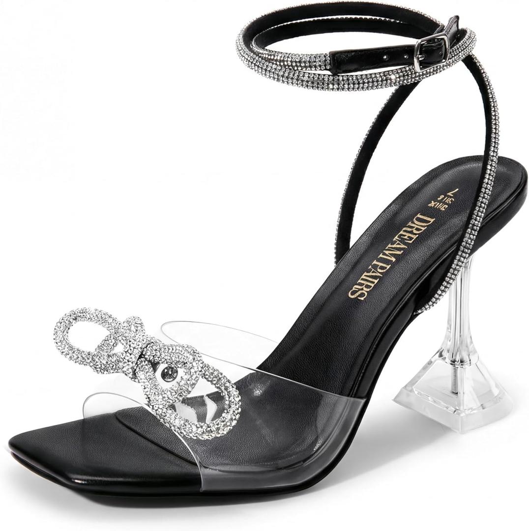 DREAM PAIRS Stiletto Bow Heels for Women Strappy Sparkly Rhinestone Square Toe Clear Crystal High Sandals for Party Wedding, Size 8.5,Black-Pu,SDHS2481W