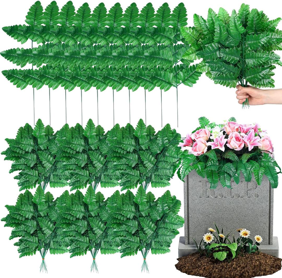 Yunlly 250 Pack Artificial Silk Green Fern Cemetery Flowers Leaf Picks Fake Greenery Stems Fern Leaves for Cemetery Grave Headstone Floral Arranging Crafting Decoration
