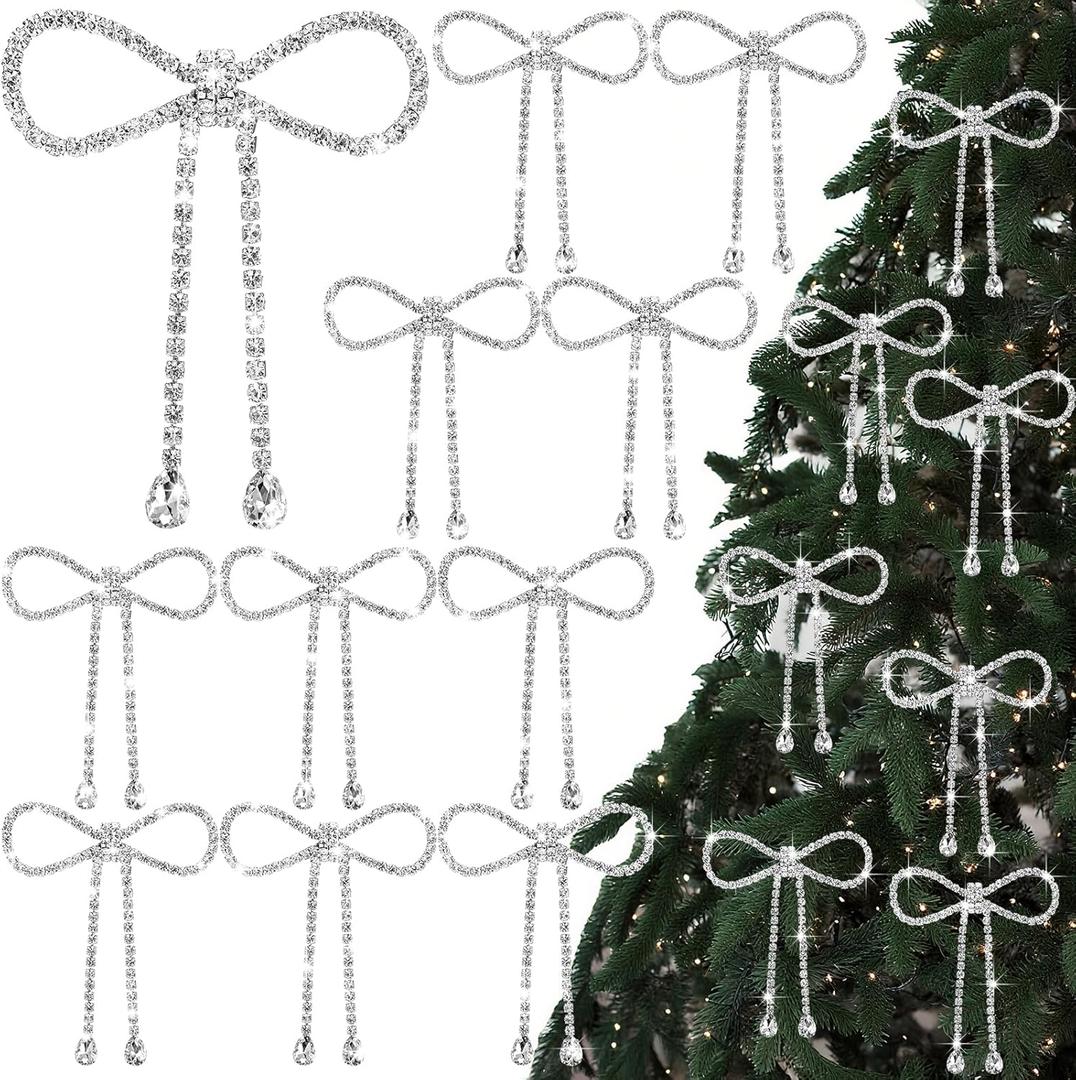 Highergo 12 Pcs Rhinestone Christmas Bows Ornaments Sparkly Glitter Bow Christmas Tree Ornaments for Xmas Wreath Garland Fireplace Home Decorations(Classic Style,Silver)