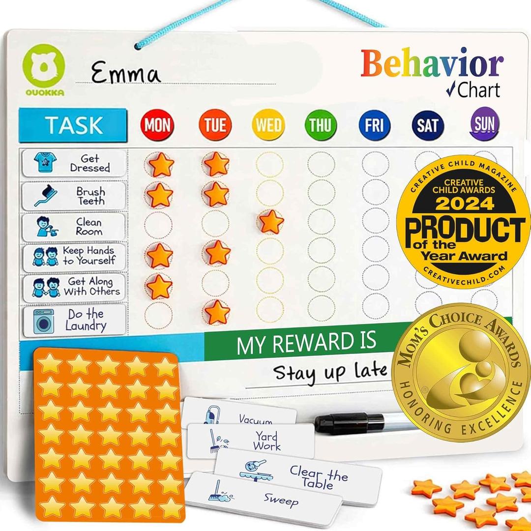 QUOKKA Magnetic Chore Chart for Kids - Reward Behavior Chart for Kids at Home - Dry and Erase Routine and Responsibility Schedule Board - Sticker Toddler List with 48 Magnets & 49 Stars (1. Original)