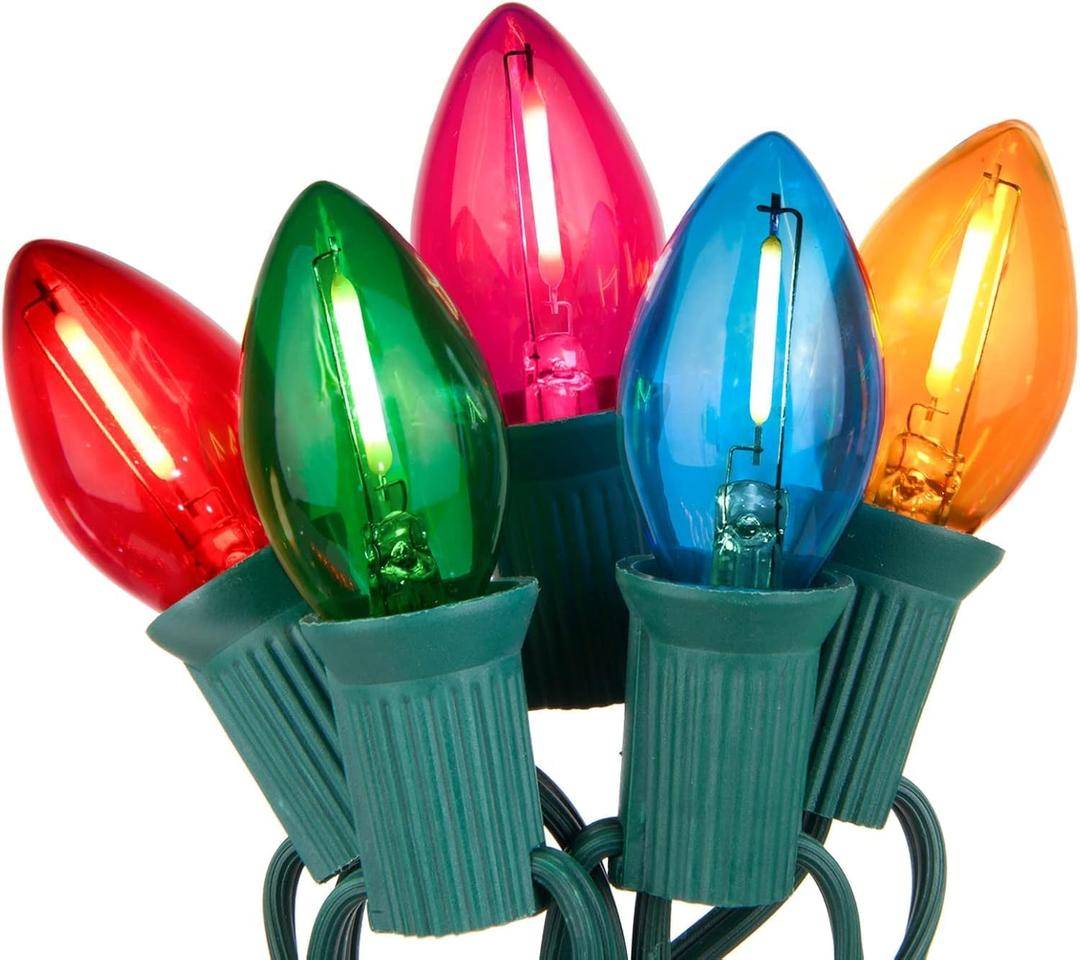 Multicolor C7 Christmas Lights, 25Ft C7 LED Outdoor String Lights with 27 Clear Multicolor Bulbs, Hanging Halloween Decorative for Indoor Outdoor Holiday Party Backyard Garden, Green Wire