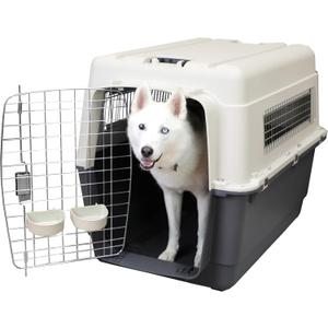 SportPet Airline Compliant XX-LARGE 39" Travel Dog Kennel-Durable Plastic Airline Pet Carrier w/ Removable Wheels & Food Bowls, Collapsible Indoor/Outdoor Dog Kennel, Dogs up to 36"L & 27"H-Cream/Gray