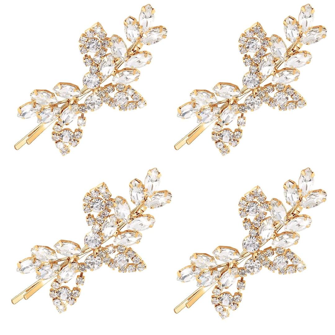 Waydress 4 Pcs Rhinestone Hair Clip Wedding Bridal Hair Barrette Decorative Leaf Crystal Side Hairpin Accessories for Women(Rhinestone Style,Gold)