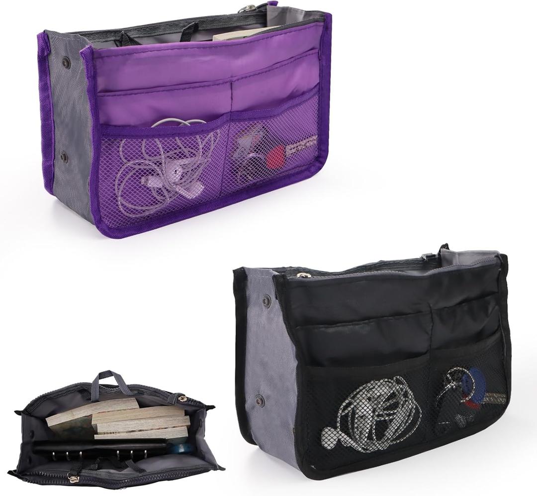 2 Pack Travel Purse Organizer Insert for Handbags, bag organiser, Nylon Purse Organizer, Tote Bag Organizer for Purse, 13 Pocket, Large Capacity Tote Organizer Insert with Zippers (Purple+Black)