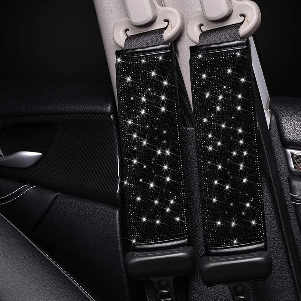 Seat Belt Pads 2-Pack Bling Seat Belt Covers Soft PU Leather Crystal Seat Belt Shoulder Pads Rhinestone Bling Car Accessories For Women (Black)