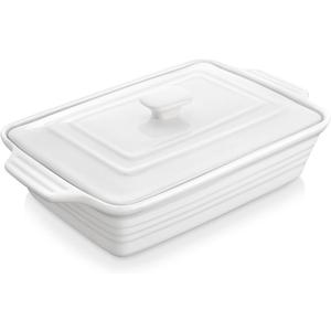 MALACASA Casserole Dish for Oven, 4.4 Qt Porcelain Baking Dish with Lid, 9x13 Baking Pan with Handles, Large Lasagna Pan Deep, Rectangular Bakeware, Microwave Safe, White, Series BAKE