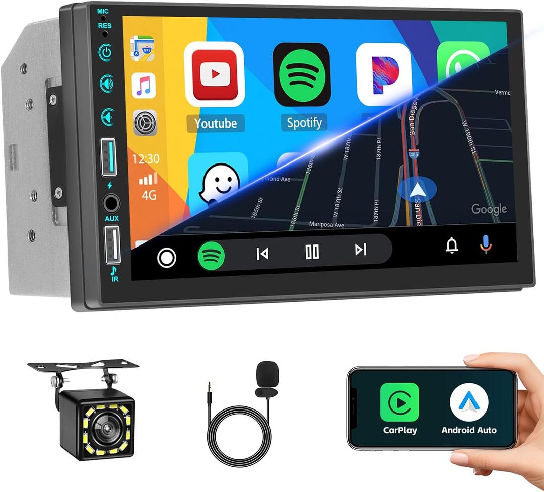 7 Inch Double Din Car Stereo with Wireless CarPlay Android Auto, HD Touchscreen with Online Video FM Radio Bluetooth EQ SWC USB/AUX Port Backup Camera MIC