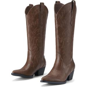 Rollda Cowboy Boots for Women Cowgirl Boots Embroidered Knee-High Western Boots Pointy Toe with Chunky Heel (8, Bronze)