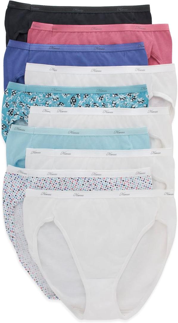 Hanes Women's Hi-Cut Cotton Underwear, Value 10-Pack, Assorted High-Waisted Panties (Colors May Vary) (6, Solid/Print Mix) Small