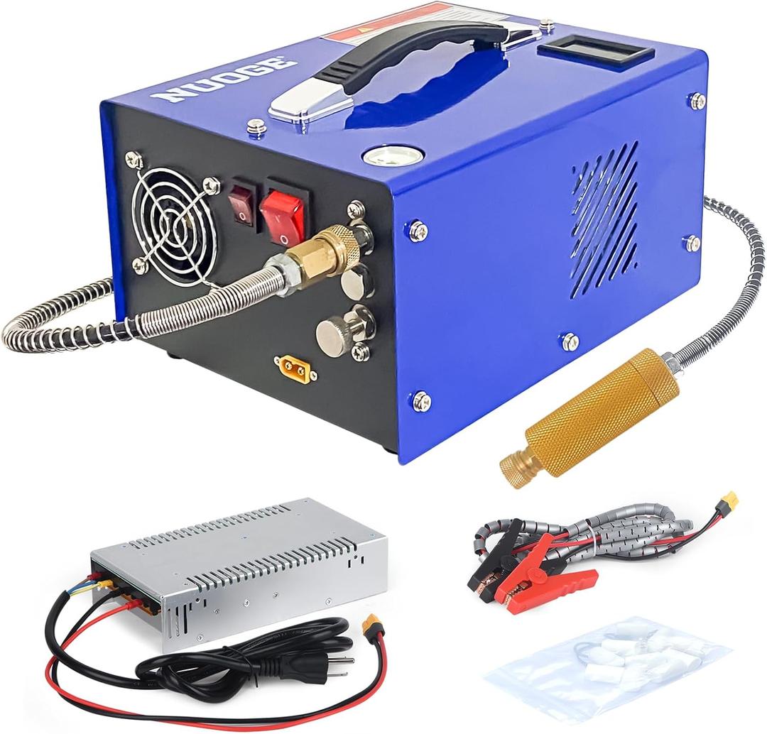NUOGE PCP Air Compressor 4500Psi/30Mpa Water/Oil Free PCP Air Pump Rifle/Pistol Paintball Cans Powered 12V Automotive DC 110V AC For Home Use With Power Converter And Oil-moisture Filter Easy Carry