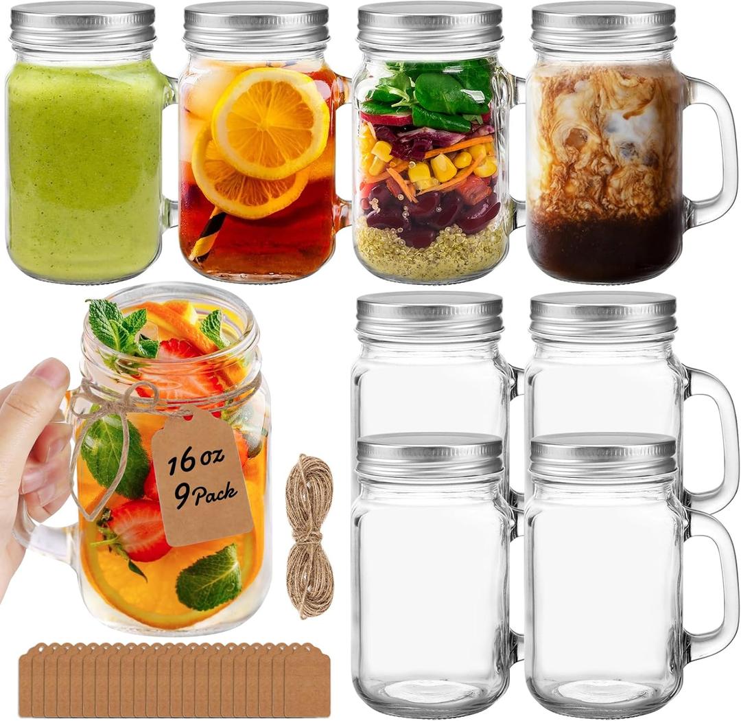 16oz Mason Jars with Handle 9Pack, Mason Jar Mugs with Handles with Handle & Screw Sliver Lid for Juice, Kombucha, Tea, coffee, Kitchen, Wedding Decor with Tags &Twine Included