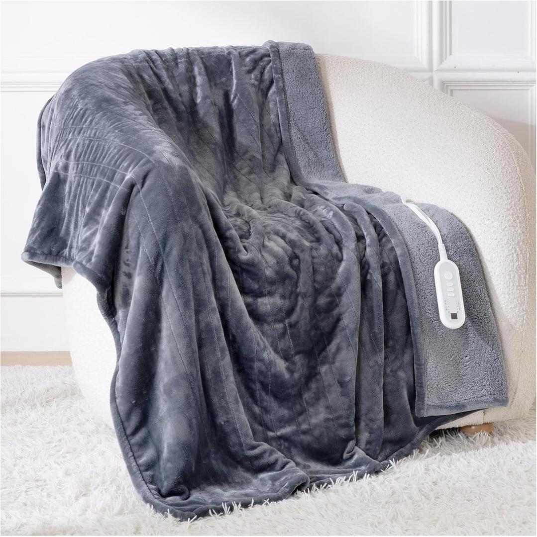 Electric Blanket Heated Throw, 50" x 60" Heated Blanket with 8 Heat Levels & 8 Hours Auto Off, Fast Heating Sherpa Blankets Machine Washable with ETL & FCC Certified, Light Grey