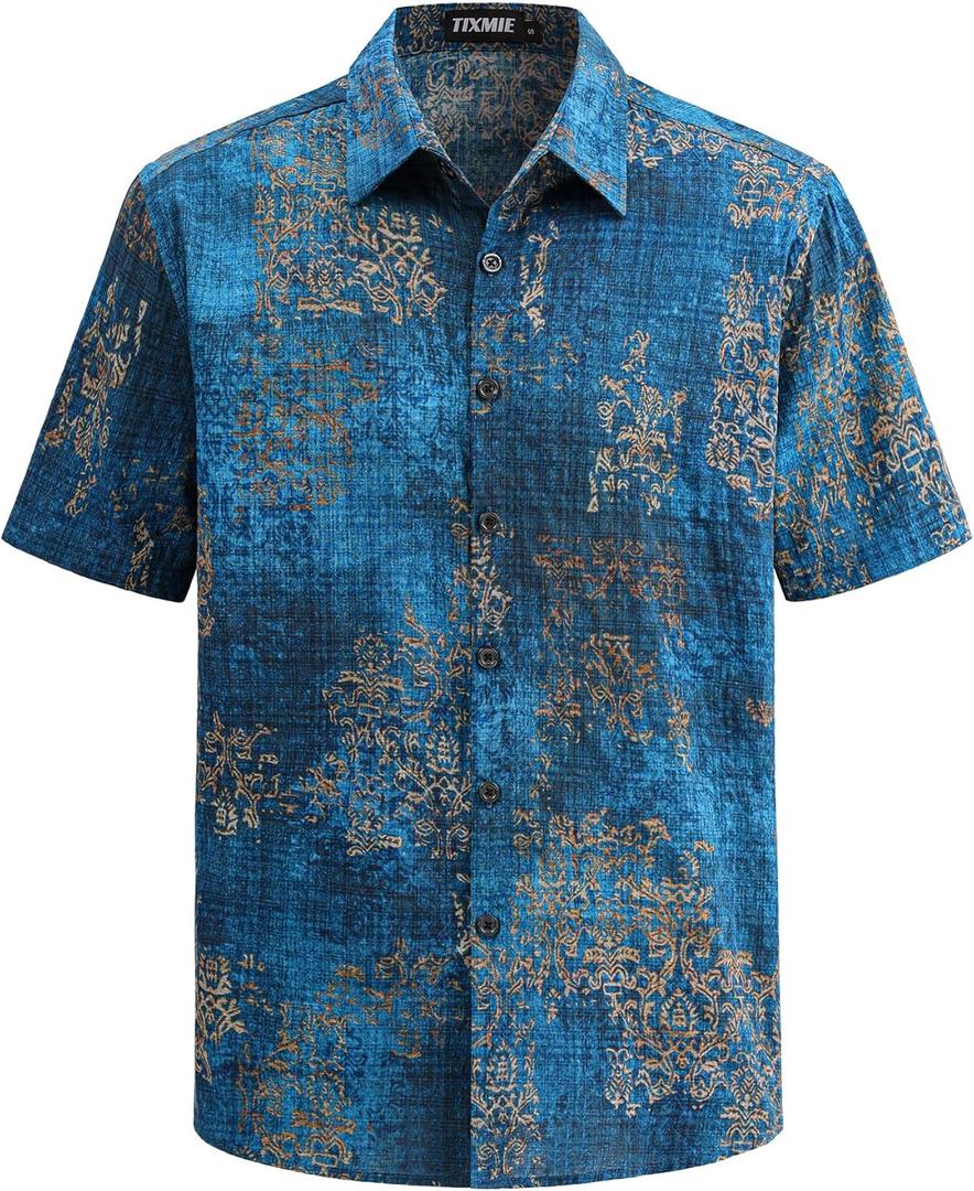 Mens Hawaiian Shirt Short Sleeve Breathable Aloha Beach Shirts for Men Summer Vacation Button Down, Retro Floral (Blue, L)
