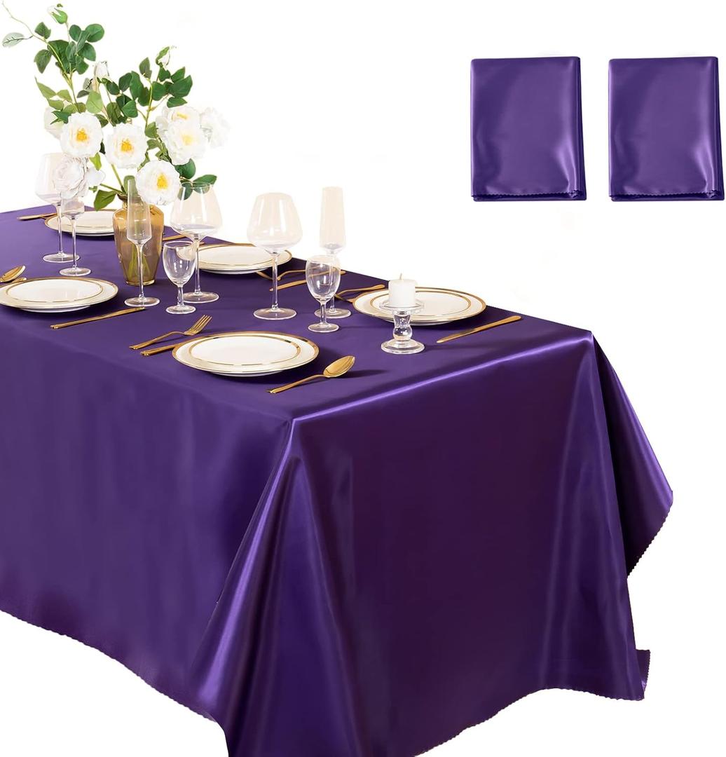 Horbaunal 2 Pack Purple Satin Tablecloth 60 x 102 Inches Rectangle Satin Table Cover Bright Silk Table Cloth Smooth Table Decoration for Wedding Party Banquet (Purple)
