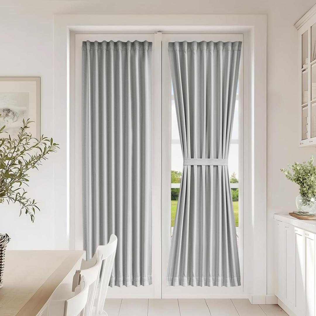 Vatge Front Door Curtains for Glass Window - Self Adhesive French Door Curtain with Tieback for Patio Door, 1 Panel, W25 x L72, Silver Grey