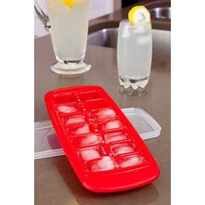 Joie Standard Ice Cube Tray, Covered and Stackable, No-Spill Removable Lid, Pop Open Door for Easy Refills, Keeps Ice Fresh, Freezer Durable, Dishwasher Safe, Red and Blue 2 Pcs.
