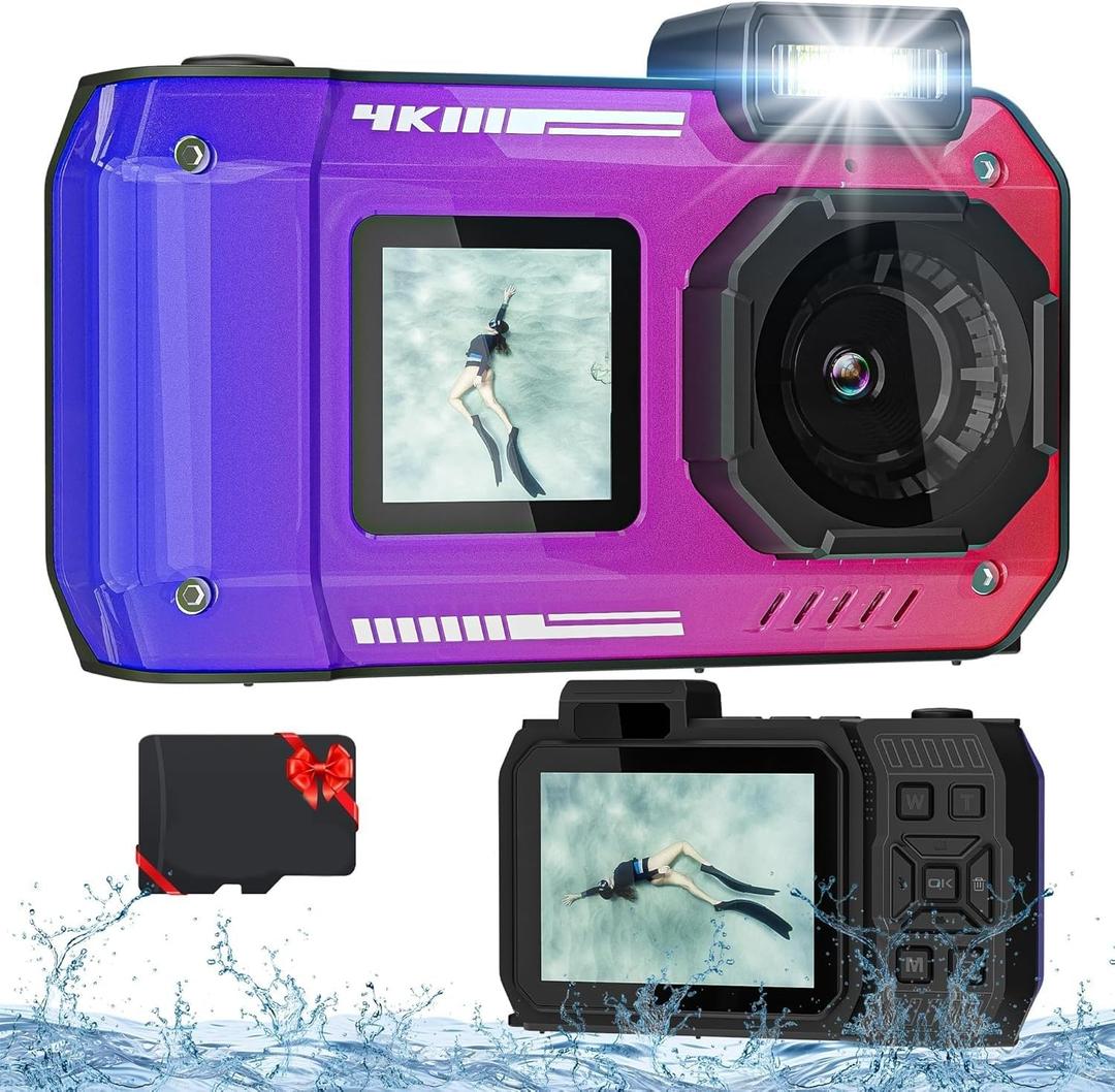 4K 33FT Digital Camera, 48MP Underwater Camera Waterproof Rugged Dustproof Shockproof for Snorkeling Diving, Selfie Dual-Screen Point and Shoot Digital Camera with 32G Card (Gradient Purple)