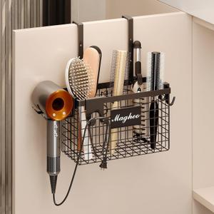 Magheo Hair Dryer Holder Cabinet Door 3-in-1 Adhesive Hair Tool Organizer Wall Mounted Adjustable Height Blow Dryer Holder Under Sink Bathroom Hair Appliance Organizer and Storage Countertop(Black)