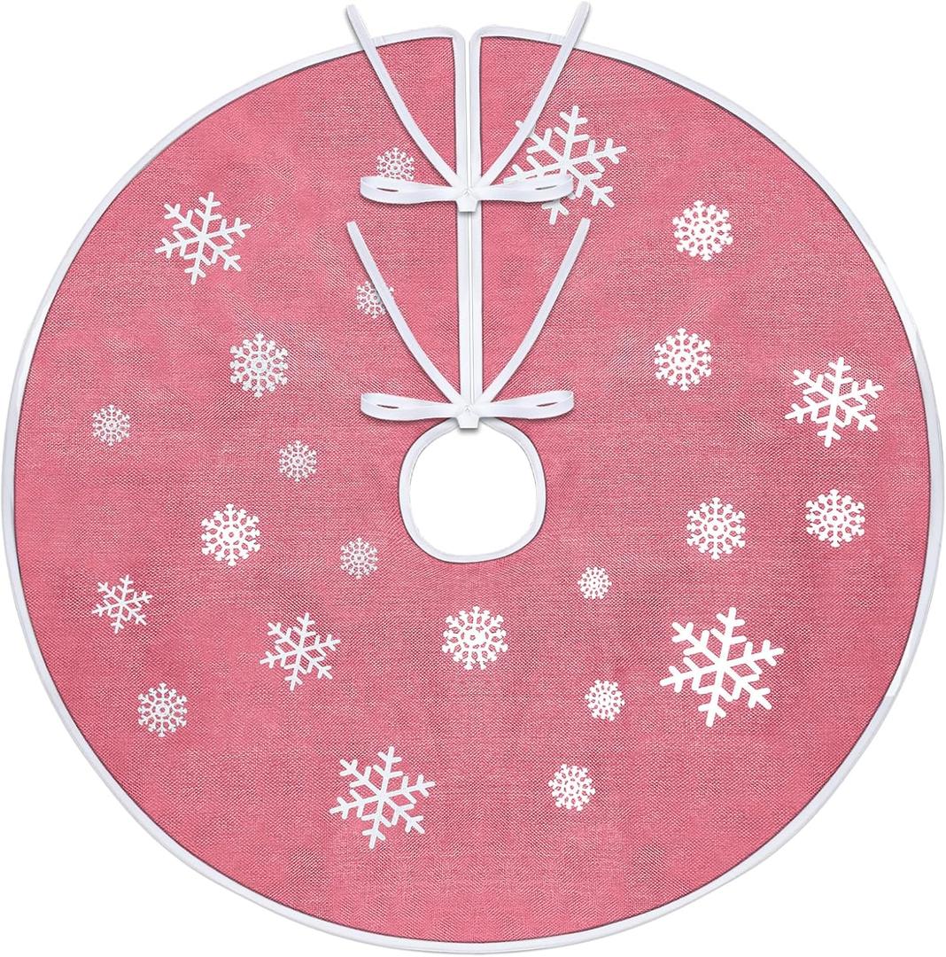 Christmas Tree Skirt 30 Inch Simulated Linen Fabric Tree Skirt with Snowflakes Printed Xmas Mat for Christmas Holiday Party Decoration Indoor Outdoor (Pink)