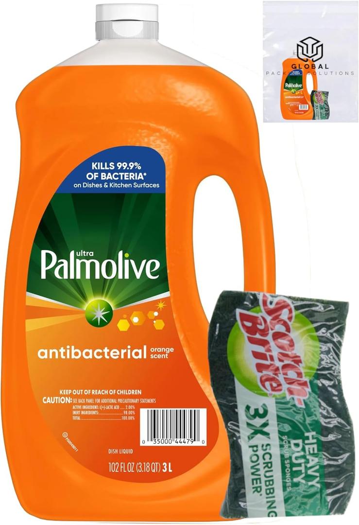 Ultra Palmolive Antibacterial Dishwashing Liquid Dish Soap Refill 102 Fl. Oz. Kills 99.9% of Bacteria, bundled with Heavy Duty Scotch Brite Sponge