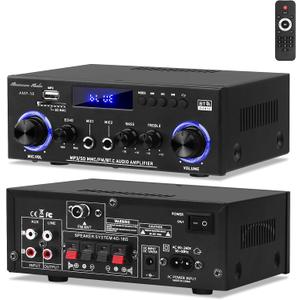 Amp10 Amplifier Home Audio,400W Power Amplifier 2 Channel Stereo Receiver with Bluetooth 5.0,Active Subwoofer Output, FM Radio, USB/SD/AUX, MIC, Remote Control for Home Theater